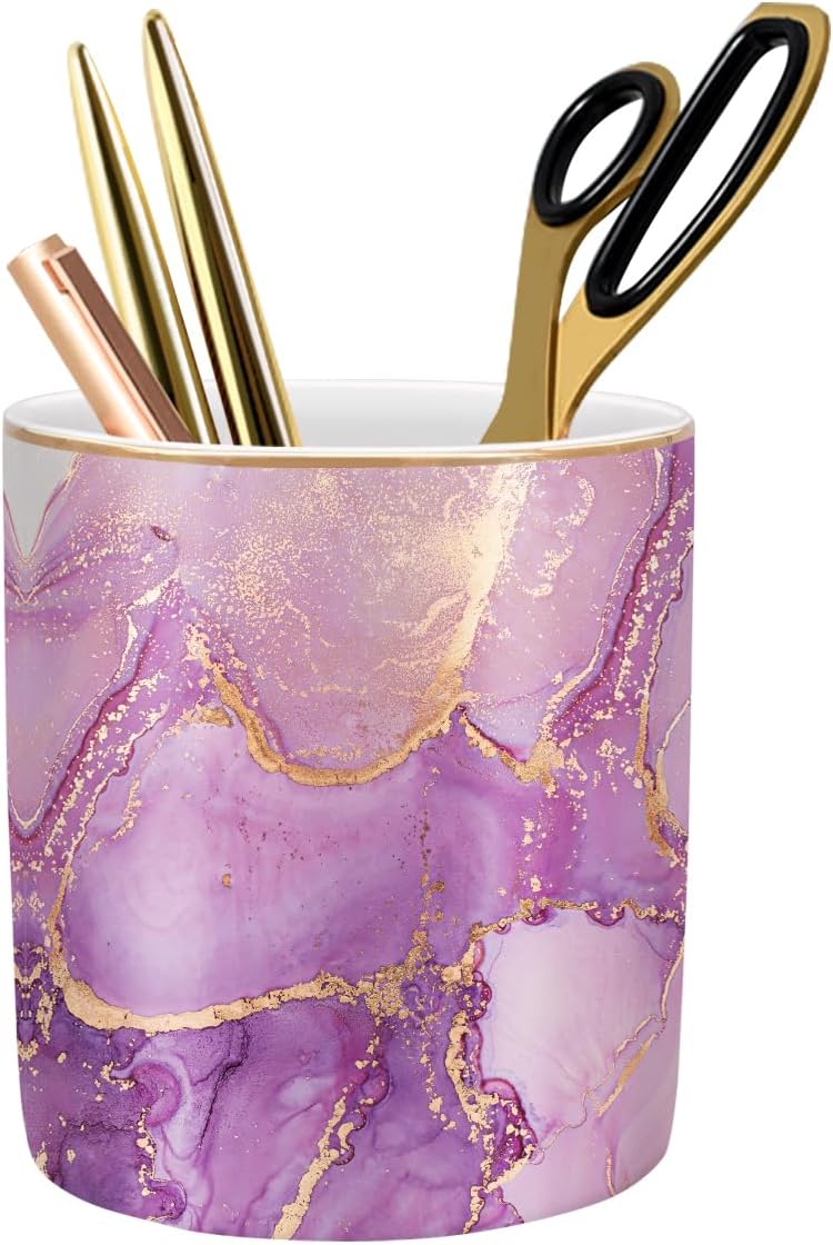 WAVEYU Pen Holder for Desk, Cute Ceramic Pencil Holder, Pen Cup Marker Holder Makeup Brush Holders, Desk Accessories & Workspace Organizers for Home, Office, Purple Marble - Image 1
